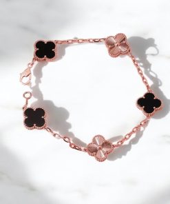Elegant Clover Bracelet S950 Sterling Silver, Rose Gold-Plated, Mother of Pearl & Mixed Black