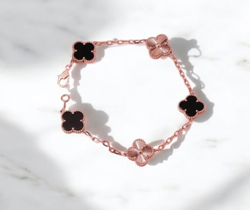 Elegant Clover Bracelet S950 Sterling Silver, Rose Gold-Plated, Mother of Pearl & Mixed Black